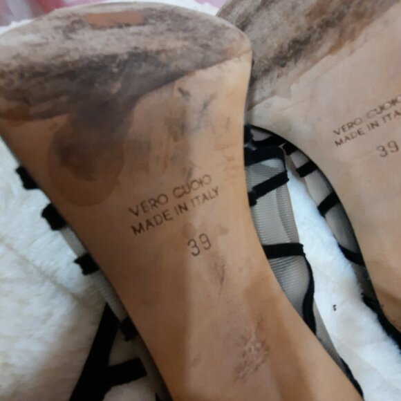 La Canadienne Black Suede Mesh Heels Sandals Size 39 US 8.5 Ankle Strap Italy - Picture 12 of 12